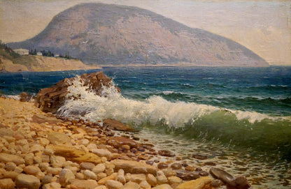 Oil painting Sea shore Osipov A.N.: dynamic wave crashing on sunlit pebbles
