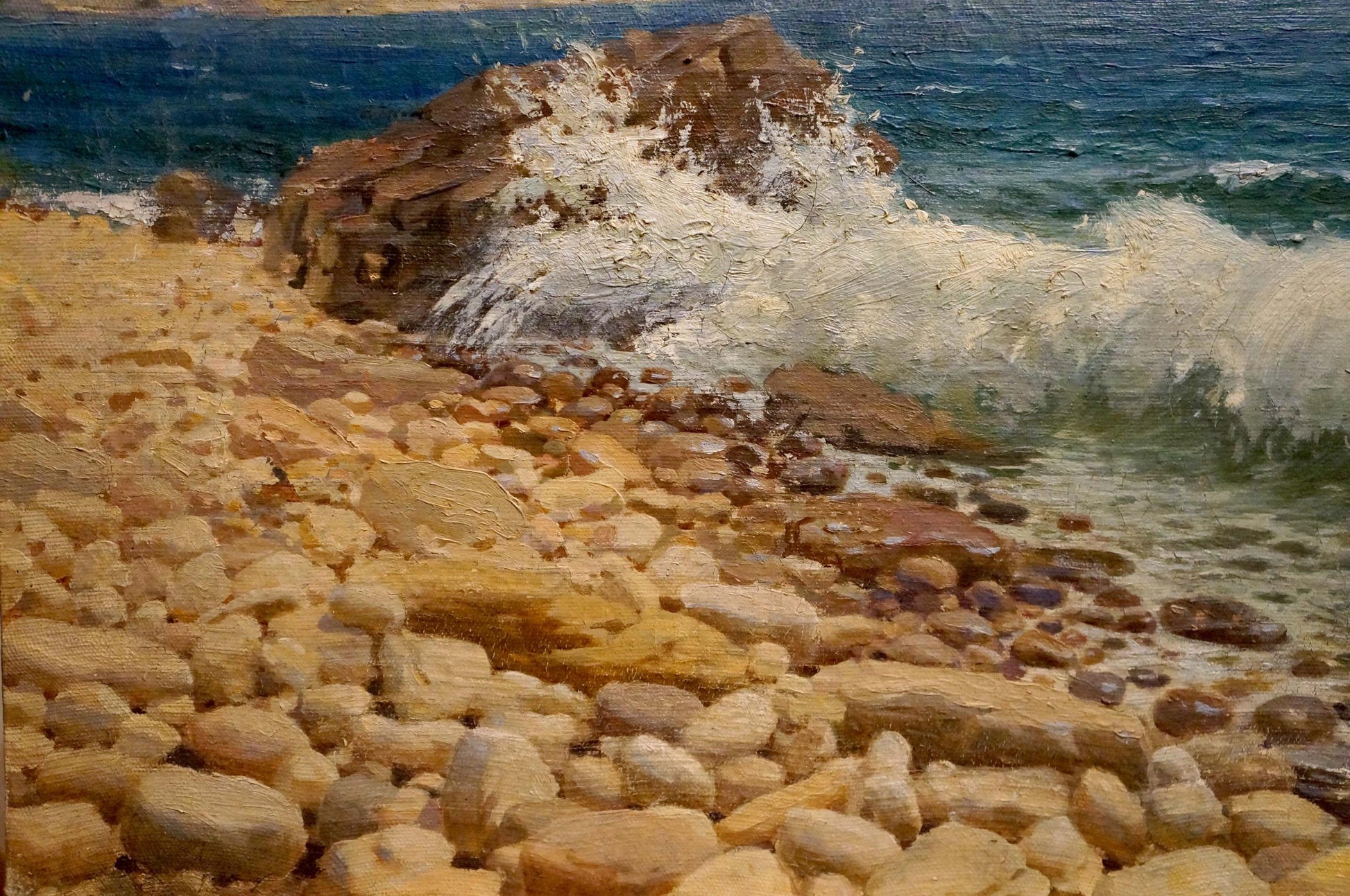 Oil painting Sea shore Osipov A. N. textured rocky shoreline with beige brown stones