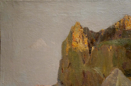 Oil painting Morning in Castropol by Strelov Arkady Efimovich, rugged green mountain peak