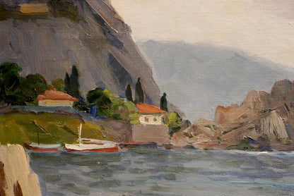 Serene oil painting of coastal village by Yarovoy Stepan Kalinovich