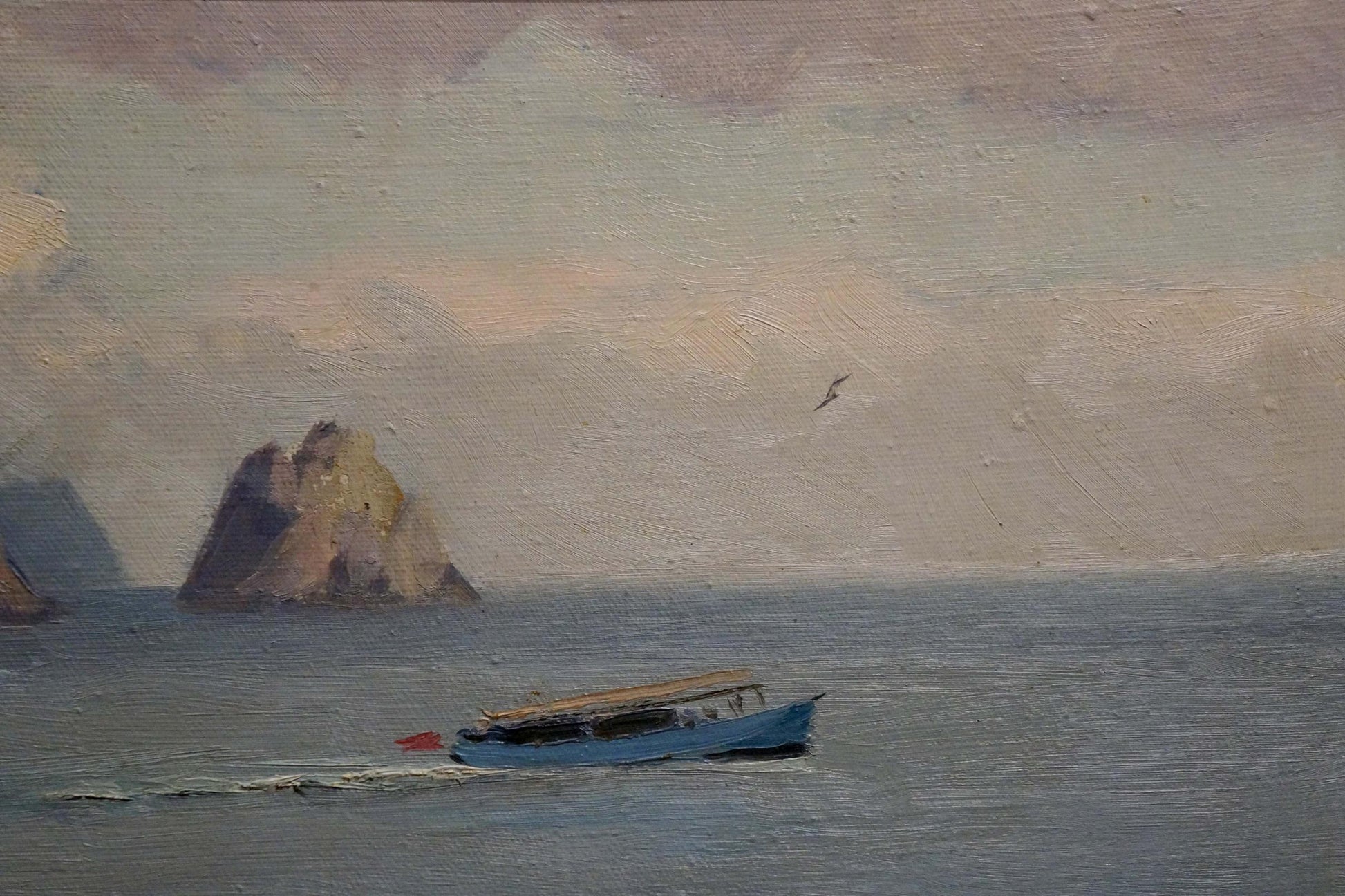 Oil painting by Yarovoy Stepan Kalinovich: blue boat with wooden canopy on calm waters