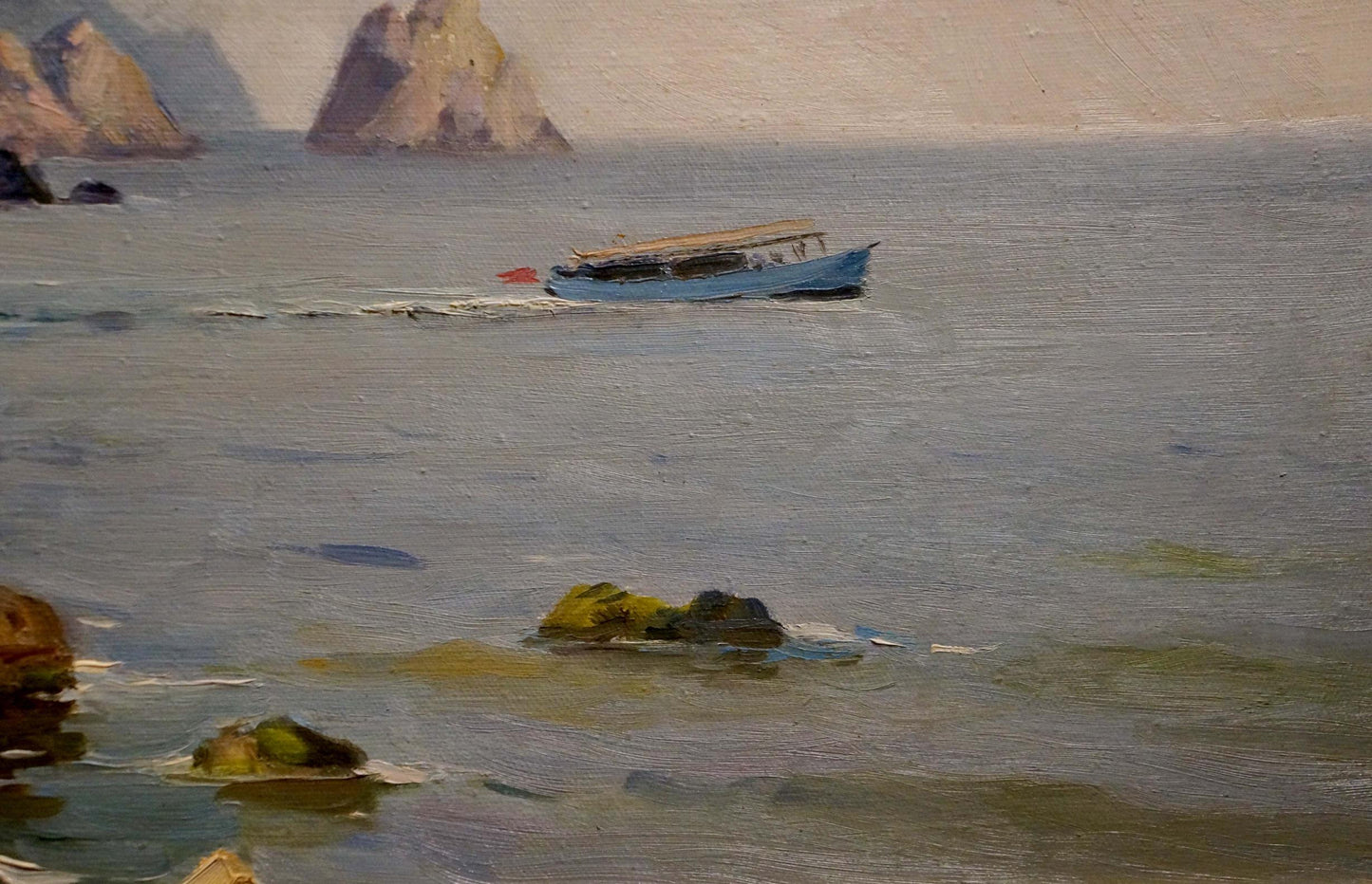 Oil painting of light blue boat with wooden roof by Yarovoy Stepan Kalinovich