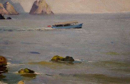 Oil painting of light blue boat with wooden roof by Yarovoy Stepan Kalinovich