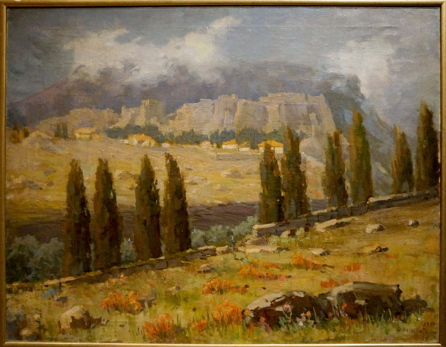 Framed oil painting by Nevkritiy Denis Nikiforovich: sunlit cypress landscape
