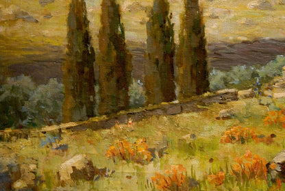 Oil painting by Nevkritiy Denis Nikiforovich: tall cypress trees in sunlit field with orange flowers
