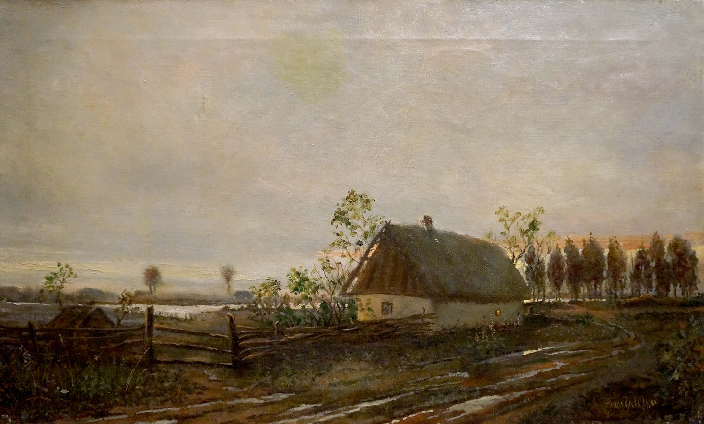 Oil painting Early morning Kostandi K.K. rustic thatched cottage