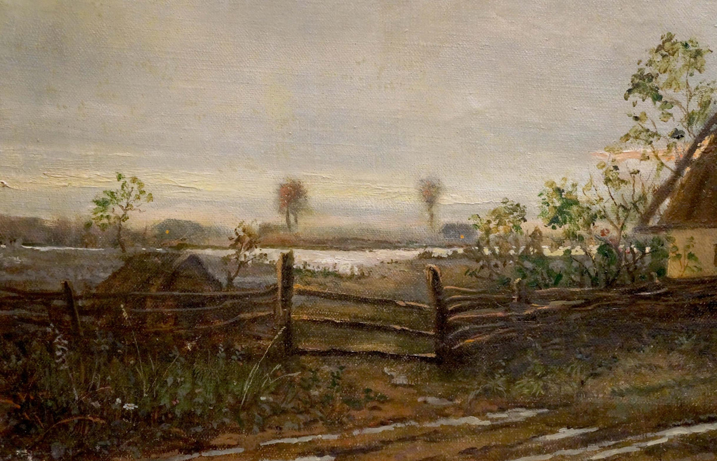 Oil painting Early morning Kostandi K.K. rustic wooden fence countryside