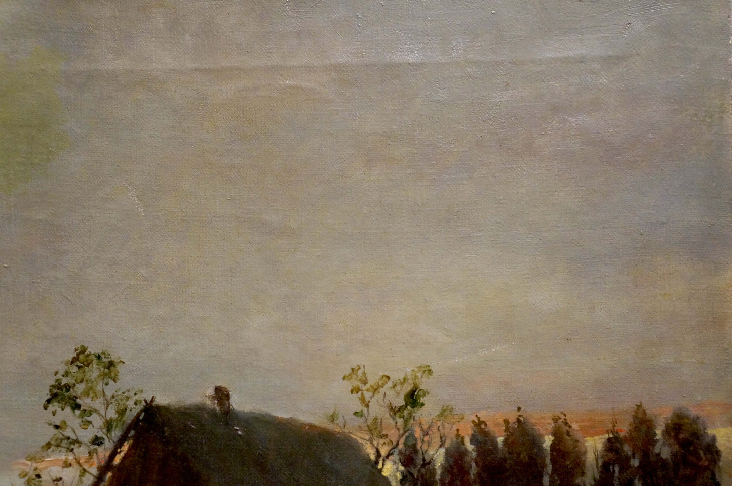 Early morning Kostandi K.K. oil painting of gray sky over green trees and rooftops