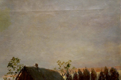 Early morning Kostandi K.K. oil painting of gray sky over green trees and rooftops