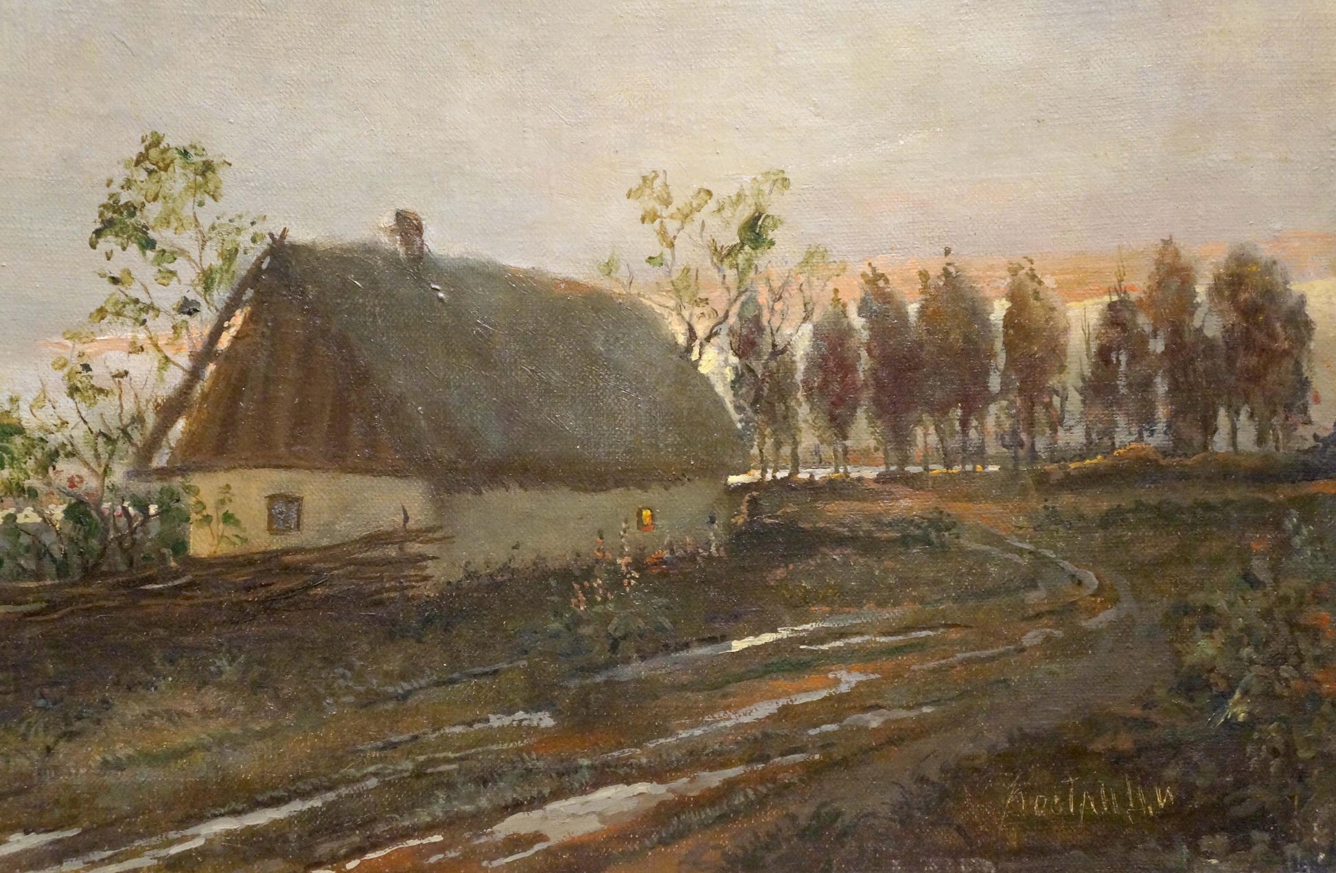 Rustic thatched cottage oil painting by Kostandi K.K. early morning glow