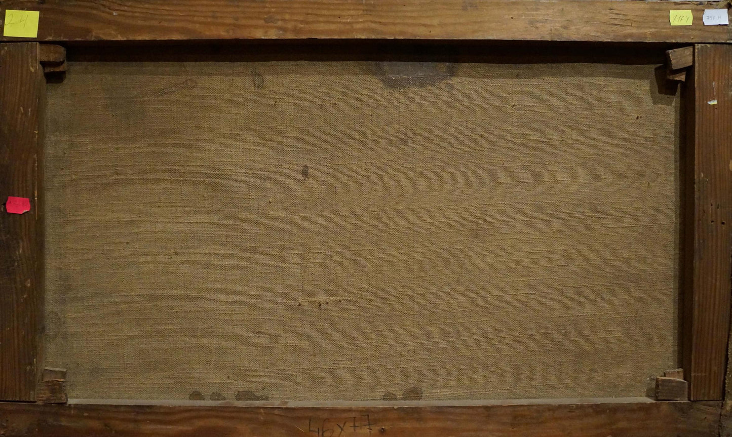 Back of wooden-framed Oil painting Early morning Kostandi K.K. with beige linen and sticky notes