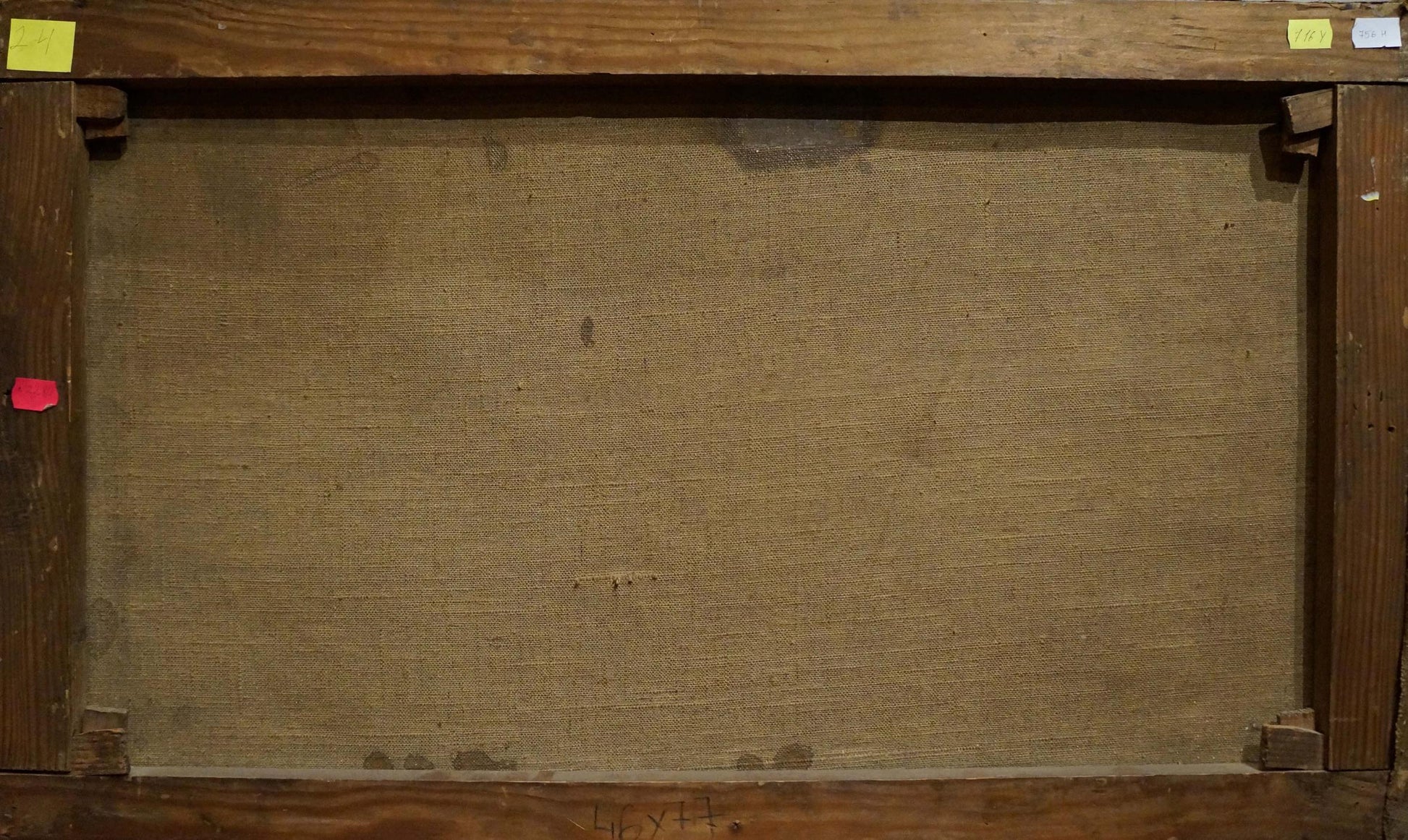 Back of wooden-framed Oil painting Early morning Kostandi K.K. with beige linen and sticky notes