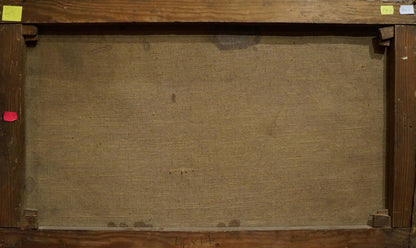 Back of wooden-framed Oil painting Early morning Kostandi K.K. with beige linen and sticky notes