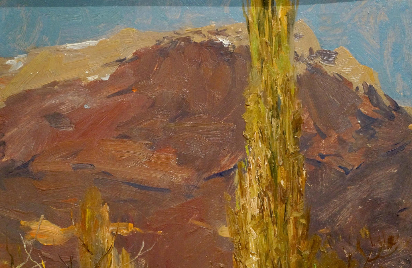 Oil painting of golden-yellow tree trunk in autumn landscape by Stolyarenko Petr Kuzmich