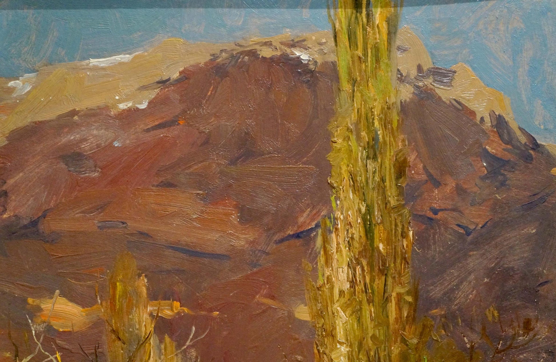 Oil painting of golden-yellow tree trunk in autumn landscape by Stolyarenko Petr Kuzmich