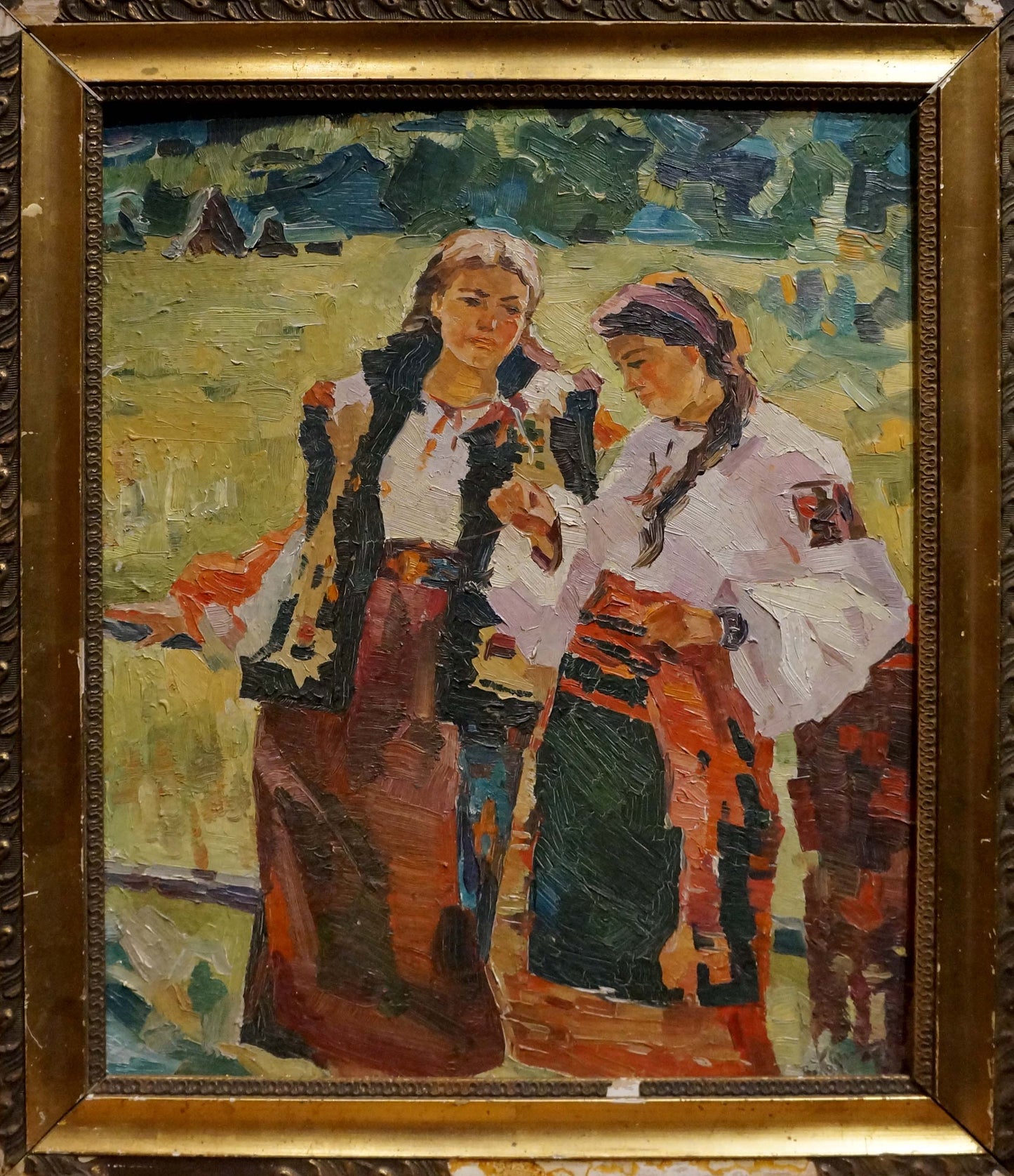 Oil painting portrait of two girls in R.-Ukrainian folk attire, ornate gold frame