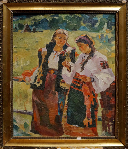 Oil painting portrait of two girls in R.-Ukrainian folk attire, ornate gold frame