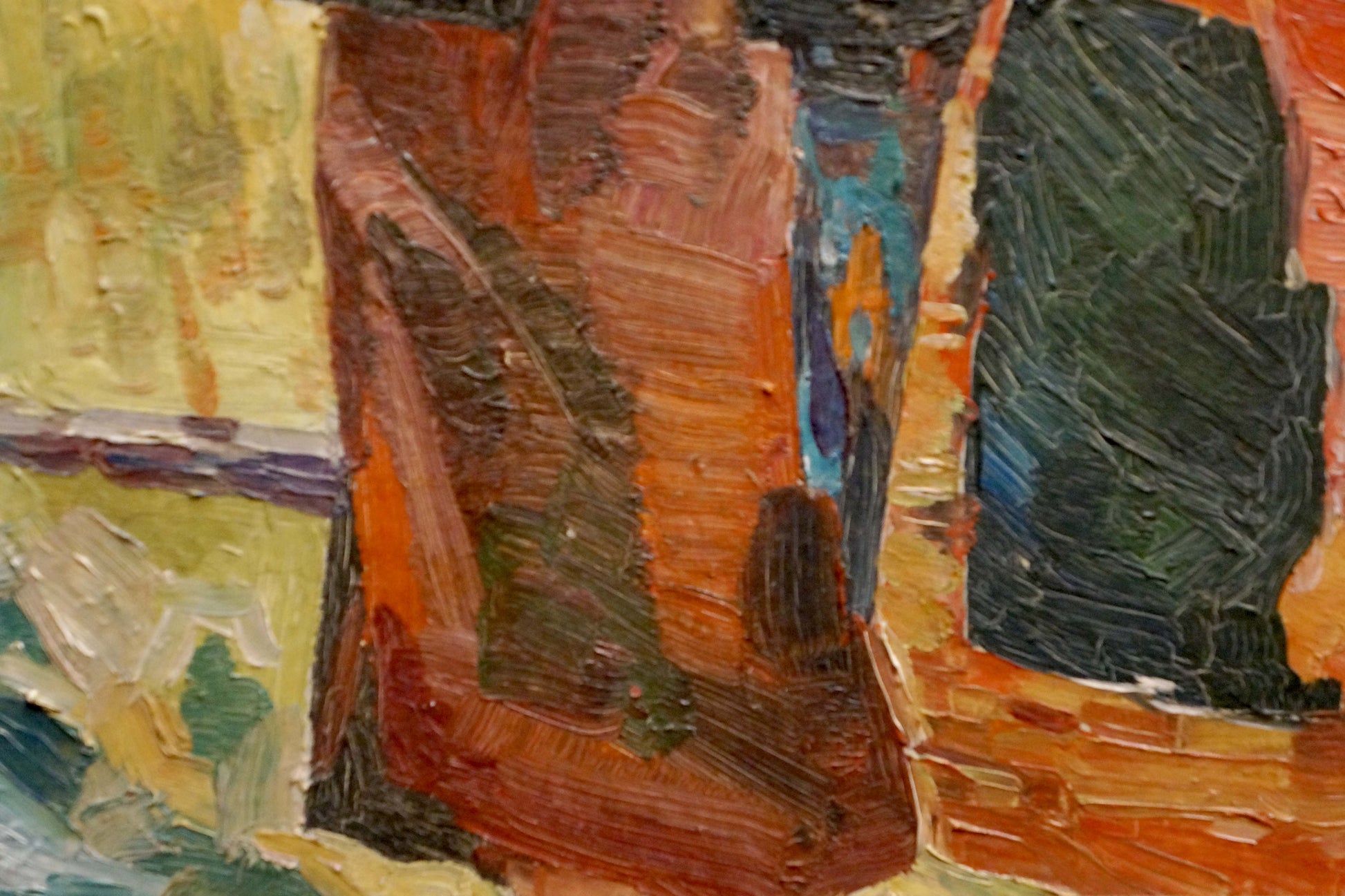 Oil painting portrait of girls by R.-Ukrainian artist, textured orange brown green with blue streak