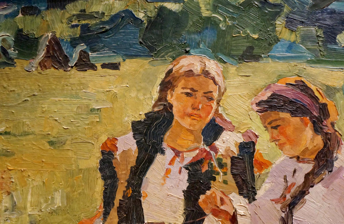 Impressionistic oil portrait of two girls in field by R.-Ukrainian artist