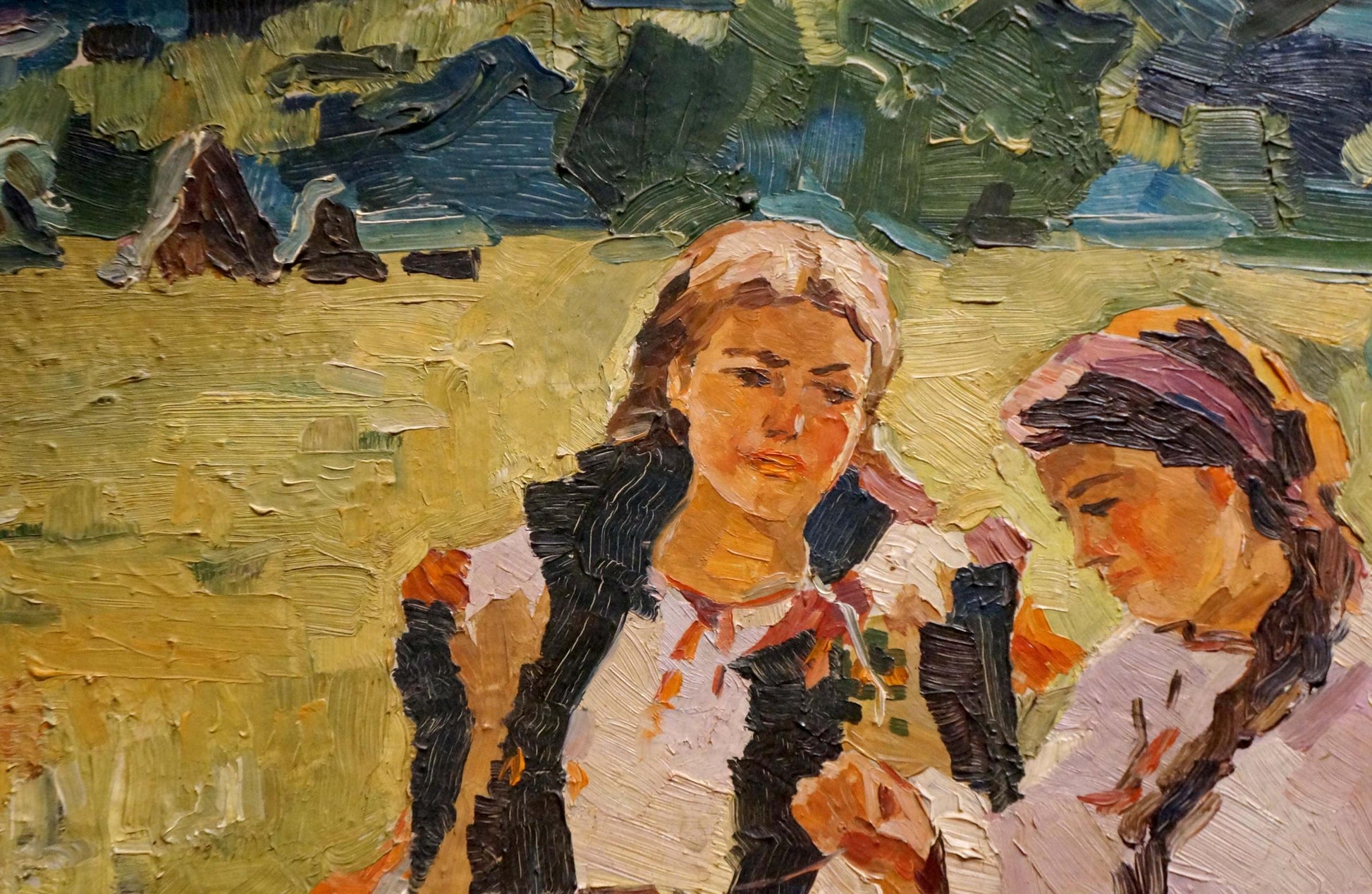 Impressionistic oil portrait of two girls in field by R.-Ukrainian artist