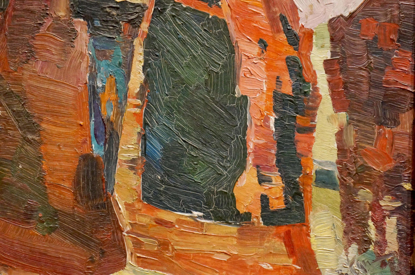 Textured oil painting portrait of girls by R.-Ukrainian artist in oranges and greens