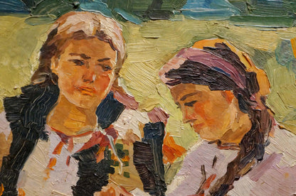 Impressionistic oil portrait of two girls by R.-Ukrainian artist