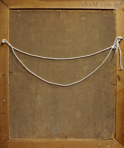 Back of oil painting portrait by R.-Ukrainian artist with white knotted string on wooden frame
