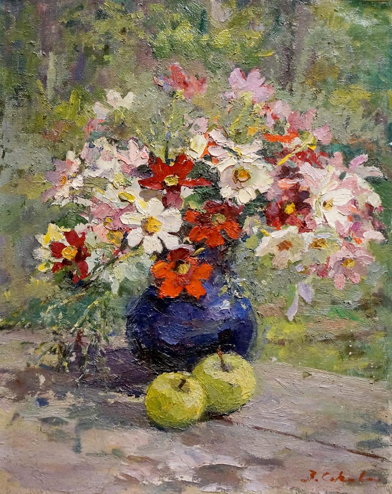 Oil painting of vibrant pink, white, orange flowers and apples by Sokolova Zinaida Ivanovna