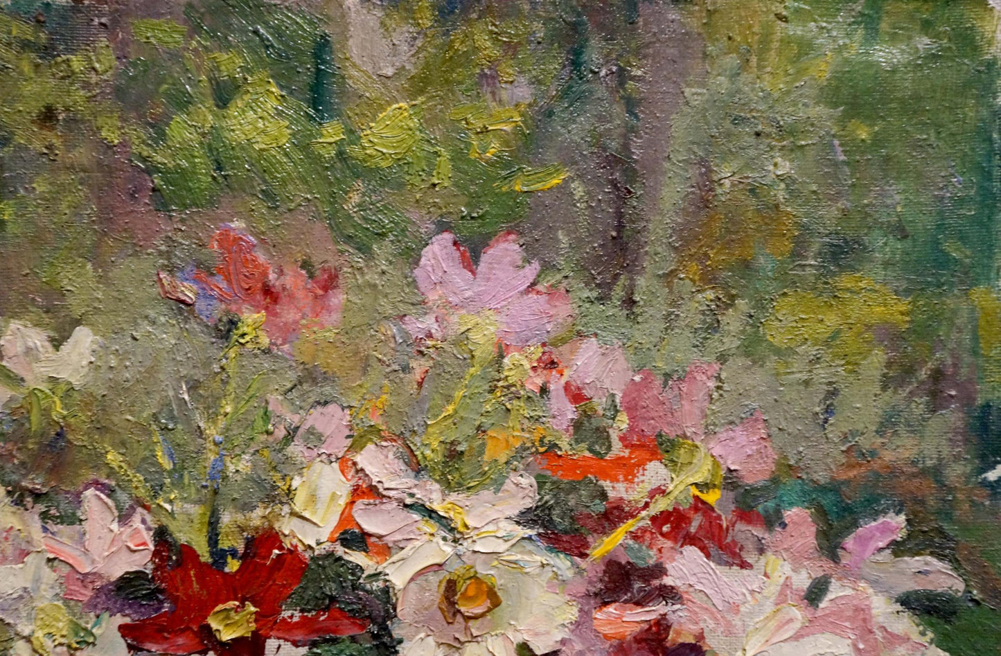 Vibrant impressionist oil painting of pink blossoms and apples by Sokolova Zinaida Ivanovna