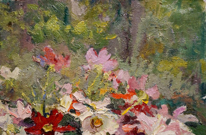 Vibrant impressionist oil painting of pink blossoms and apples by Sokolova Zinaida Ivanovna
