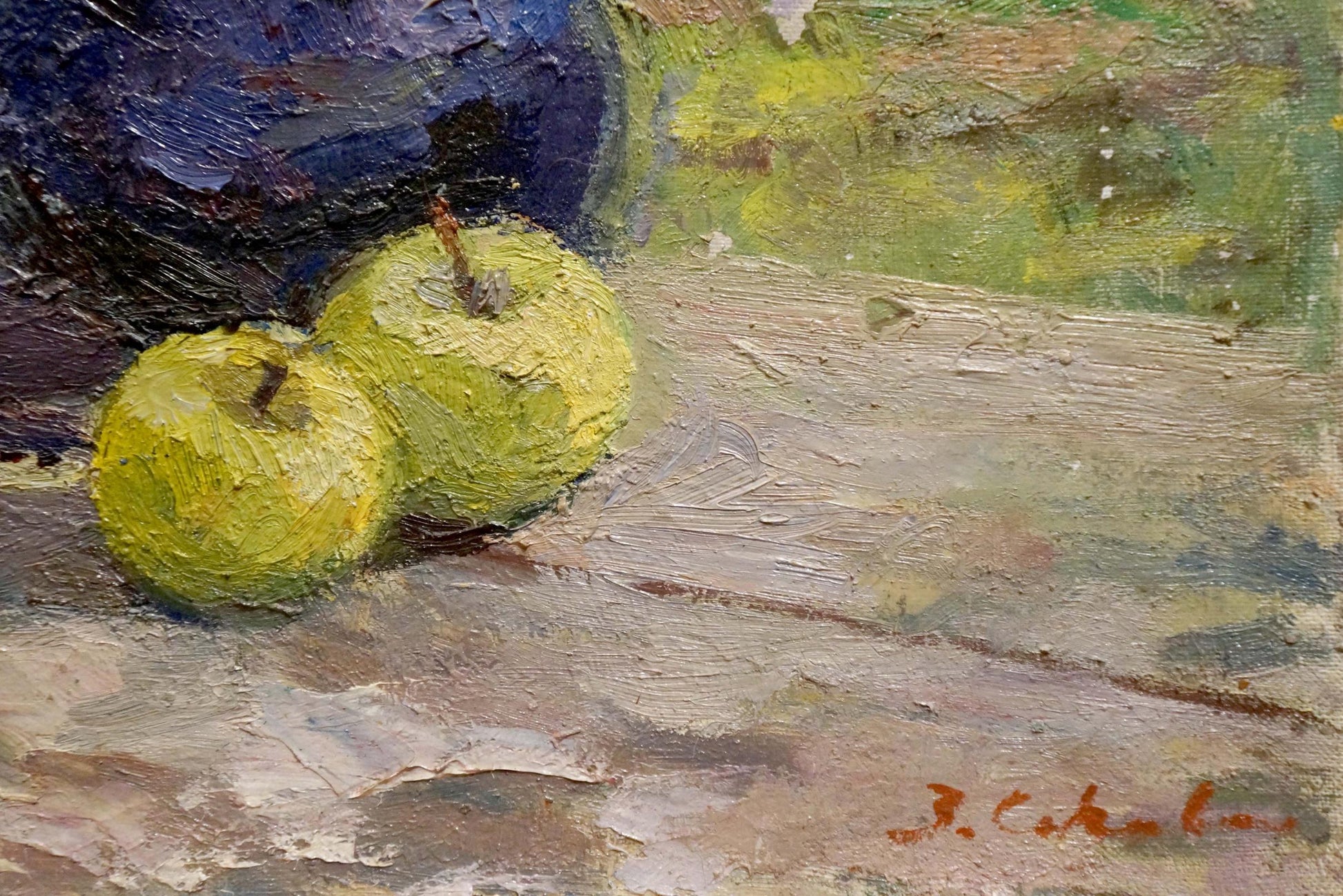 Oil painting of vibrant green apples by Sokolova Zinaida Ivanovna