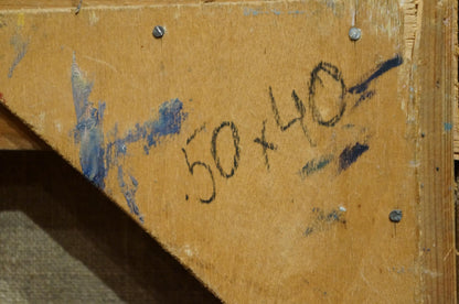 Back of Sokolova Zinaida Ivanovna oil painting with yellowish wooden panel, blue paint splatters and black chalk markings
