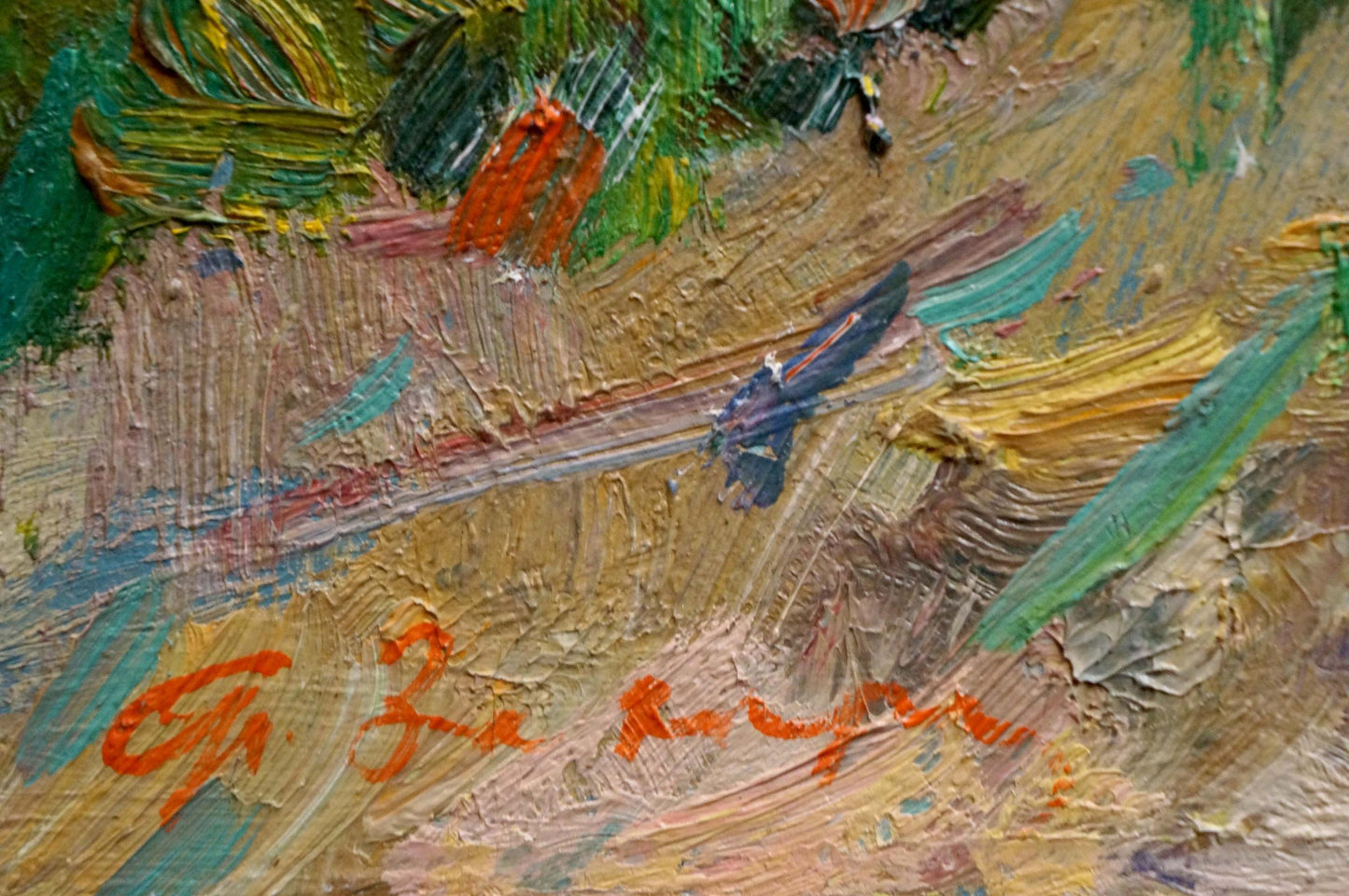 Oil painting In the vineyards by Zakharov Fedor Zakharovich, textured dark blue butterfly on green landscape