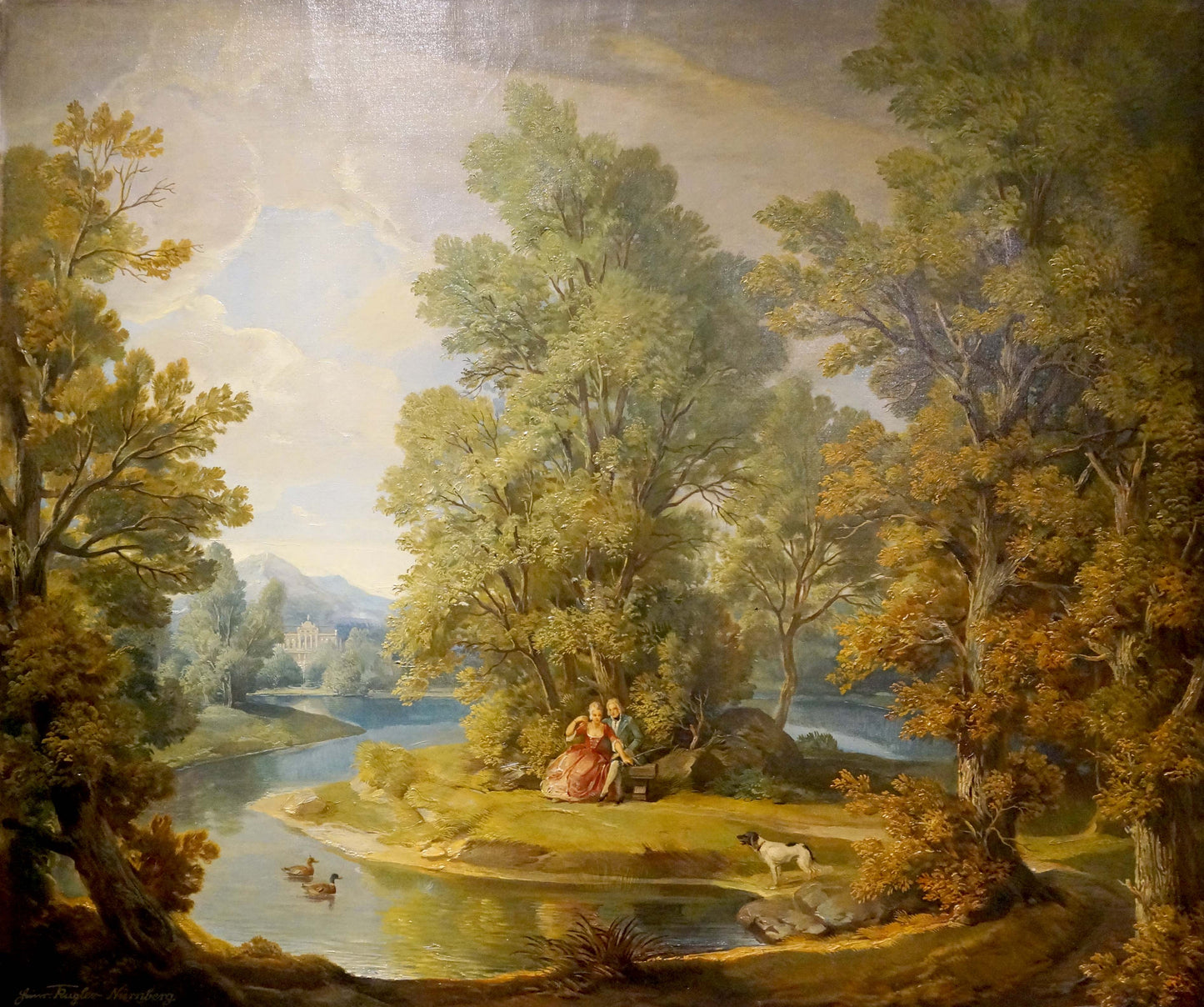 Oil painting of couple resting in forest park with dog by serene riverside