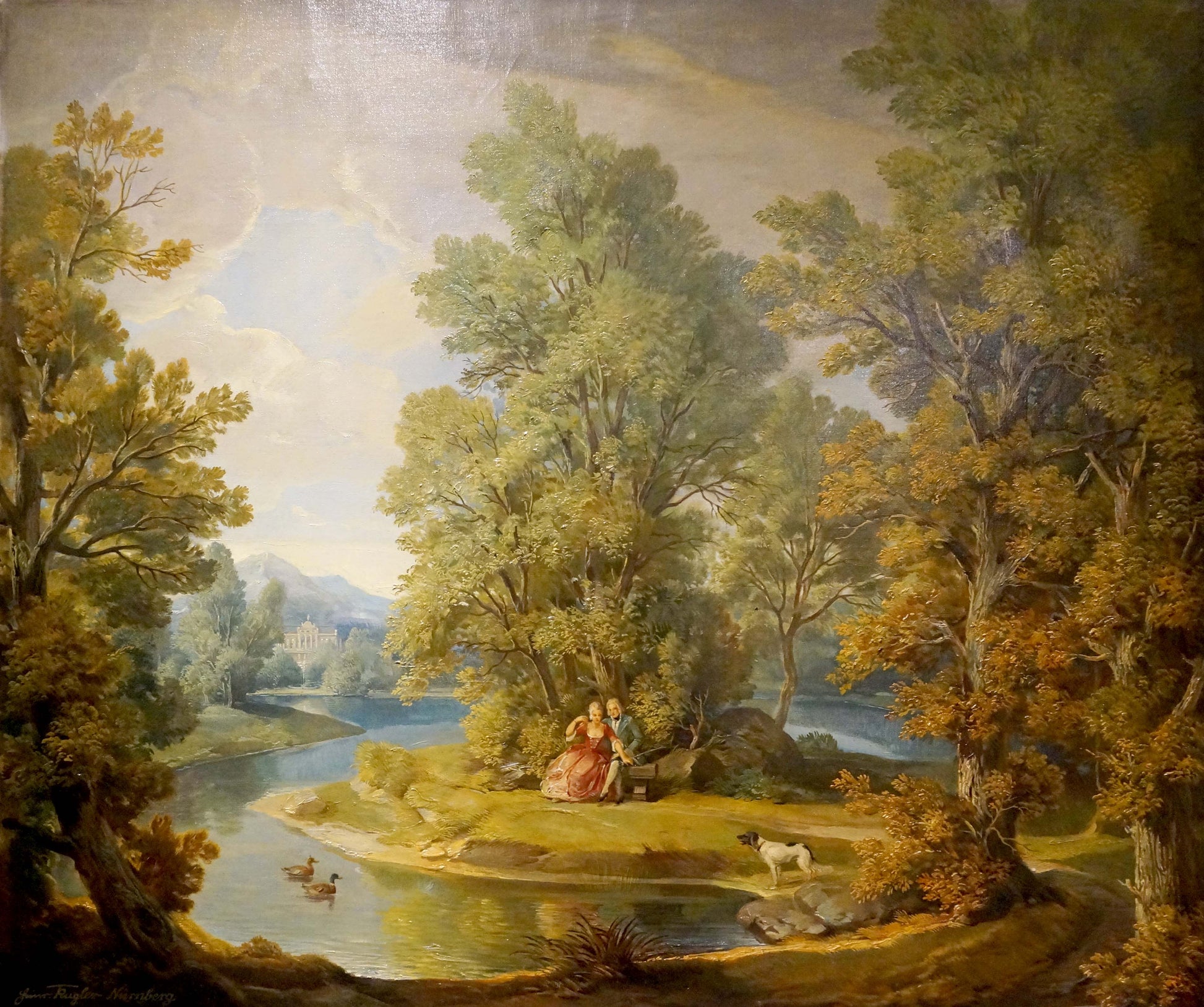 Oil painting of couple resting in forest park with dog by serene riverside