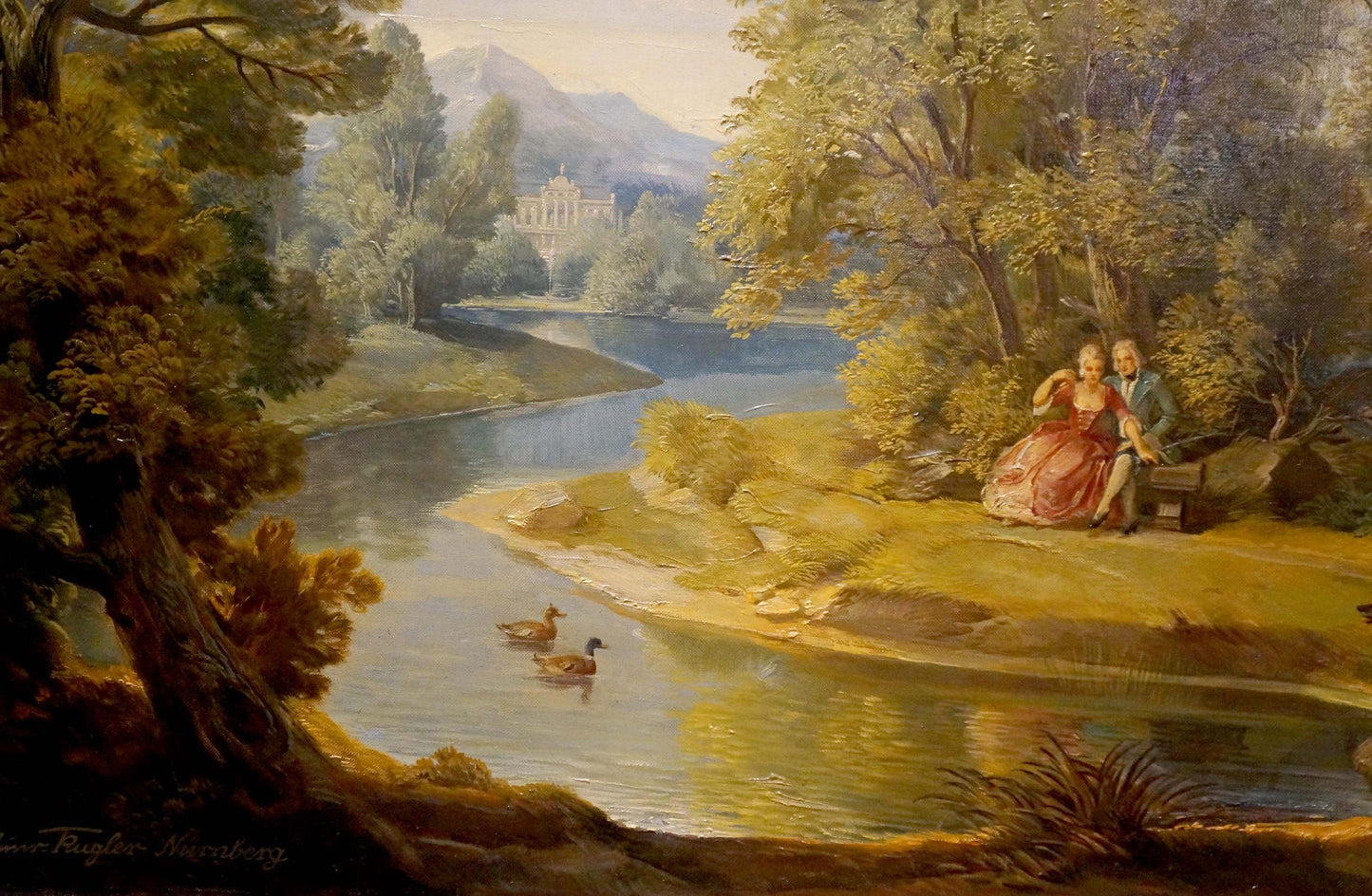 Serene oil painting of couple resting on bench by river in forest park