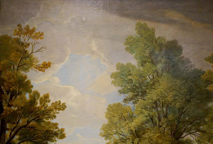Classical oil painting of people resting in lush green forest park under cloudy sky