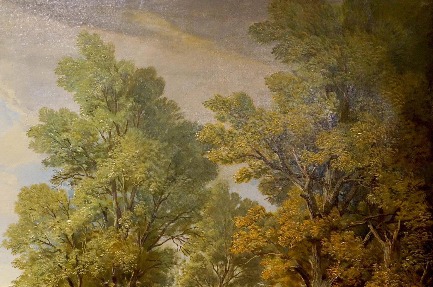 Oil painting of people resting in forest park with tall trees and cloudy sky