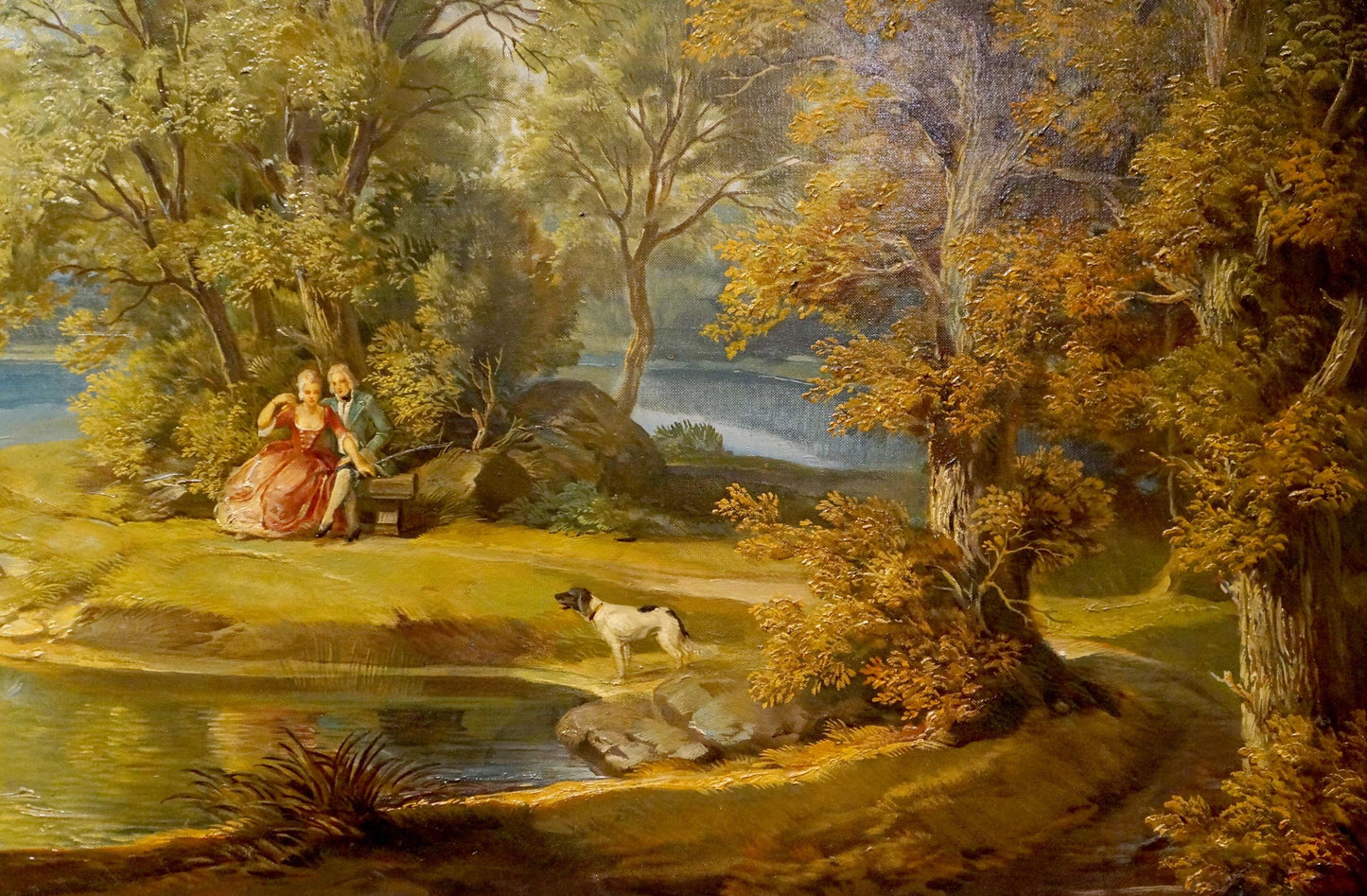 Serene oil painting of couple resting in forest park by lake with dog