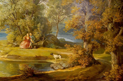Serene oil painting of couple resting in forest park by lake with dog