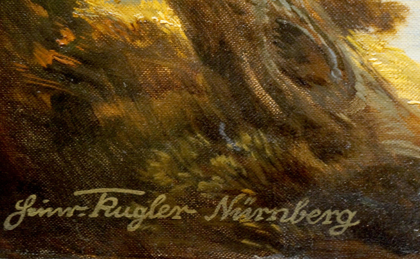 Oil painting of people resting in forest park, signed Jimm Fugler Nürnberg