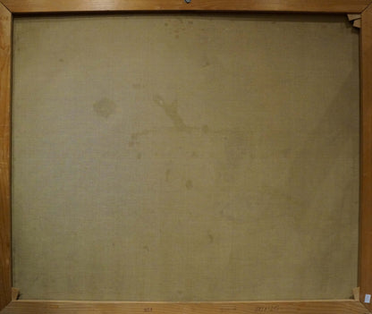Back of aged wooden-framed oil painting People have a rest in the forest park