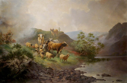 Pastoral oil painting of cattle, sheep by pond on misty hillside with stream