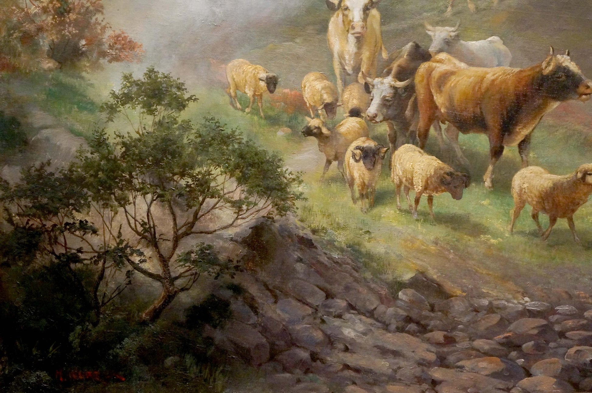 Oil painting of animals at the pond: cattle and sheep on misty hillside
