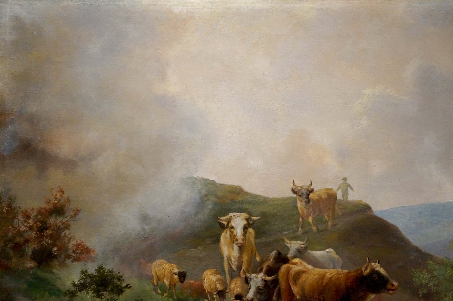Oil painting of animals at pond: cattle grazing hills under hazy sky