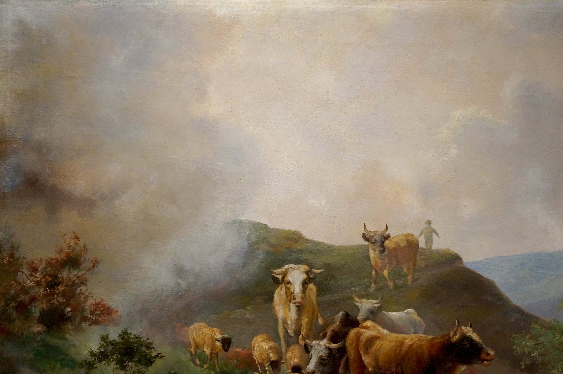 Oil painting of animals at pond: cattle grazing hills under hazy sky