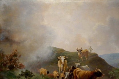 Oil painting of animals at pond: cattle grazing hills under hazy sky