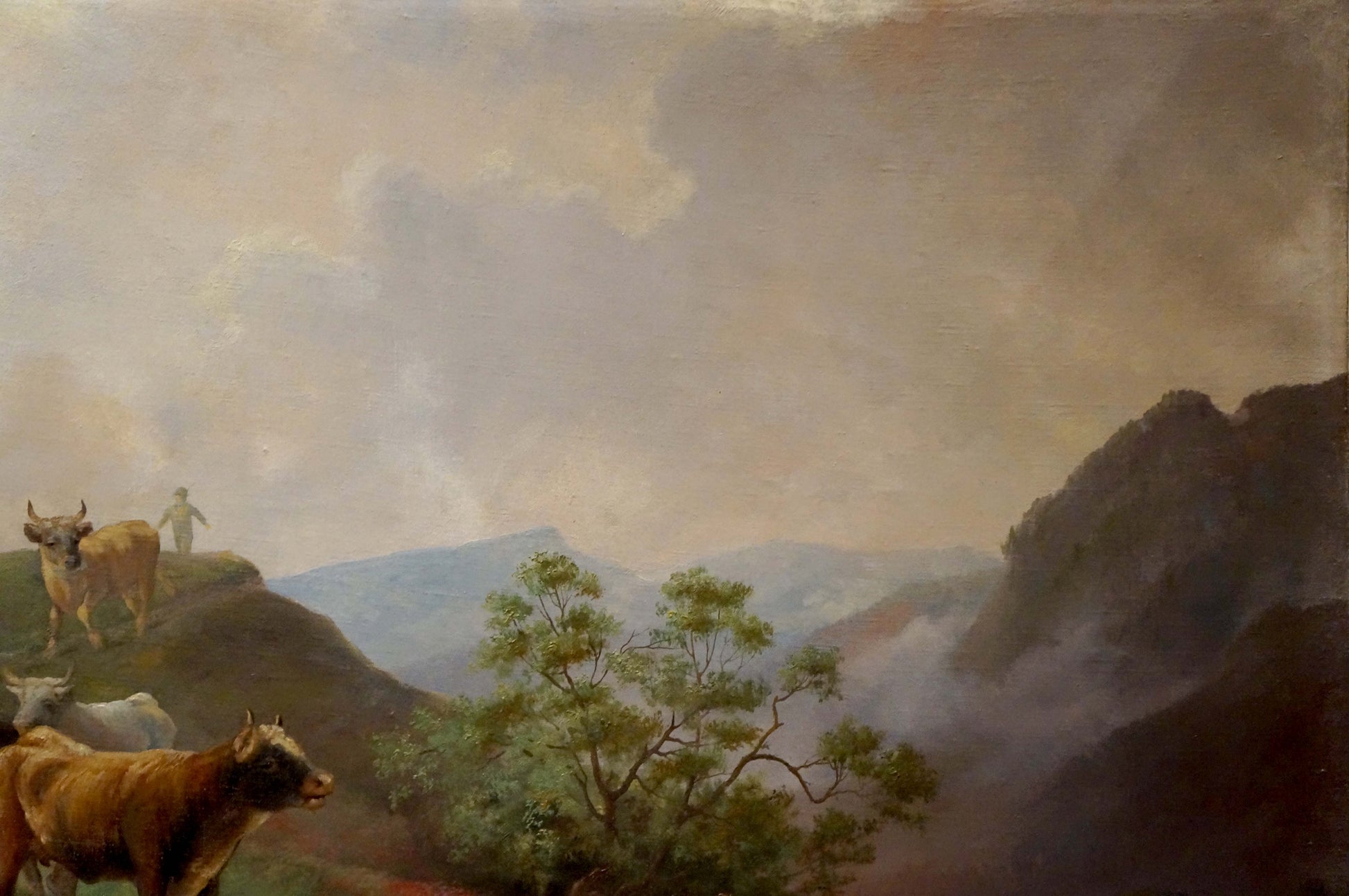Classical oil painting of animals at pond in pastoral landscape with hills and cattle