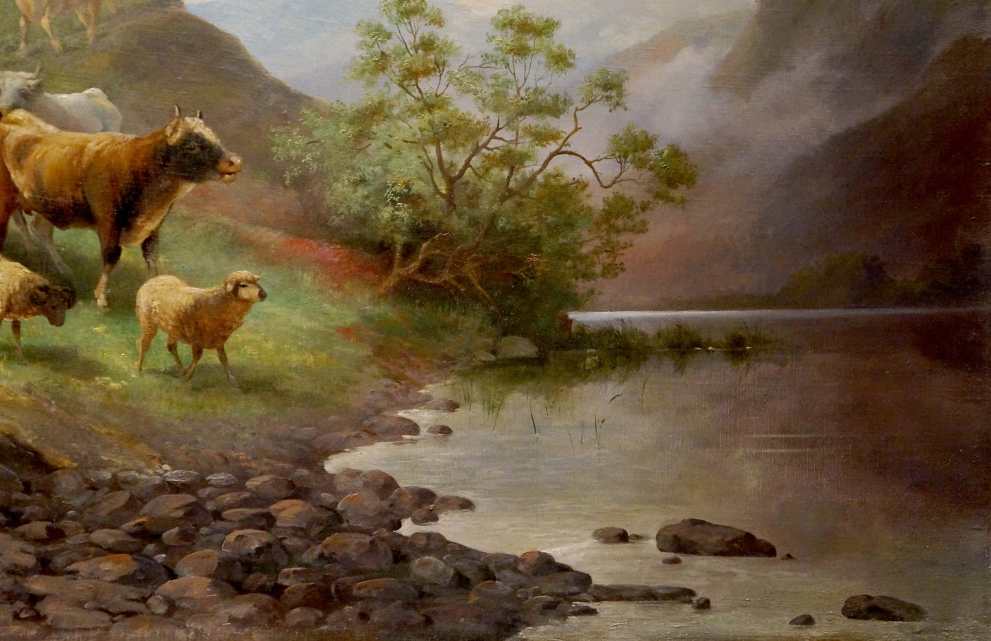 Serene oil painting of brown cow and sheep at pond with misty mountains