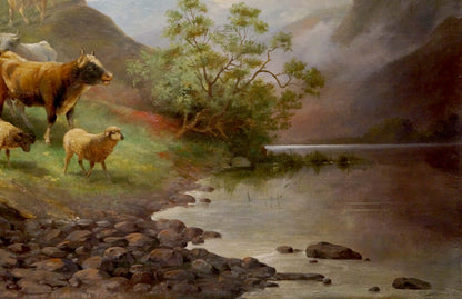 Serene oil painting of brown cow and sheep at pond with misty mountains